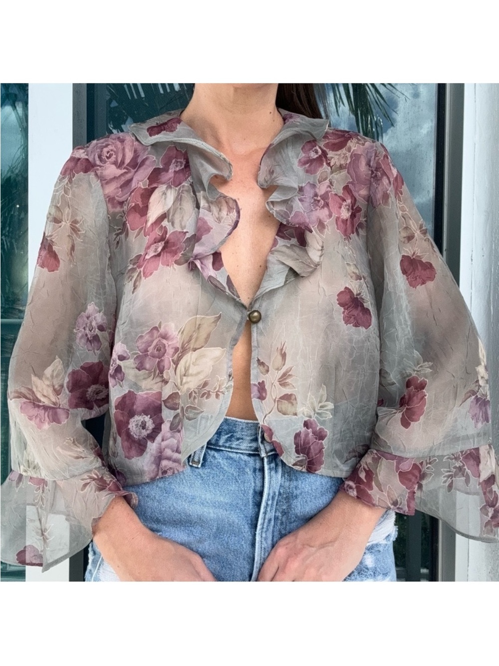 Ruffled Floral Sheer Blouse - Dusty Rose on Gray